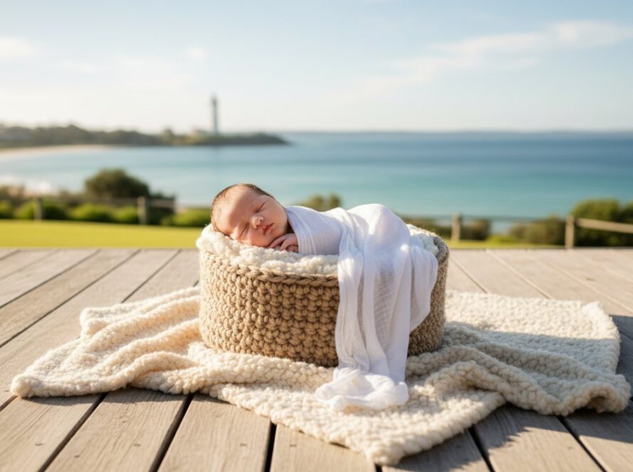 A heartwarming and serene McCrae Victoria natural newborn photography session capturing a baby peacefully sleeping in a natural, soft light setting, evoking the tranquil beauty of the Mornington Peninsula.