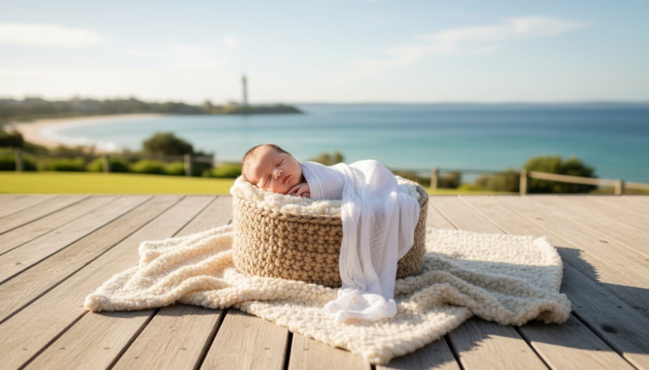 A heartwarming and serene McCrae Victoria natural newborn photography session capturing a baby peacefully sleeping in a natural, soft light setting, evoking the tranquil beauty of the Mornington Peninsula.