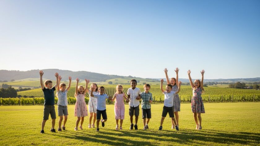 An epic moment of pure joy captured in a meaningful Dixons Creek school photography portrait, featuring a group of diverse primary school students laughing genuinely under a grand old gum tree, bathed in warm afternoon sunlight, showcasing their vibrant personalities against the rolling hills of Dixons Creek.