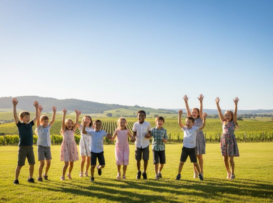 An epic moment of pure joy captured in a meaningful Dixons Creek school photography portrait, featuring a group of diverse primary school students laughing genuinely under a grand old gum tree, bathed in warm afternoon sunlight, showcasing their vibrant personalities against the rolling hills of Dixons Creek.