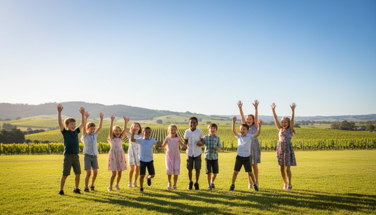 An epic moment of pure joy captured in a meaningful Dixons Creek school photography portrait, featuring a group of diverse primary school students laughing genuinely under a grand old gum tree, bathed in warm afternoon sunlight, showcasing their vibrant personalities against the rolling hills of Dixons Creek.