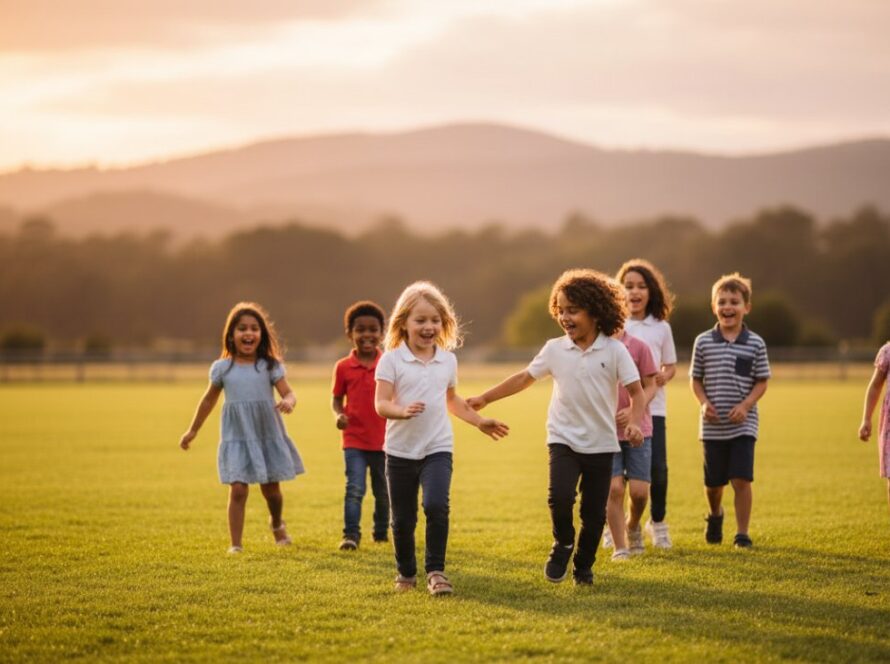 An joyful, authentic moment captured during memorable primary school photography Wandin North Victoria, showing a group of diverse primary school children laughing naturally together on the school oval with the scenic Dandenong Ranges in the background, bathed in soft afternoon light.