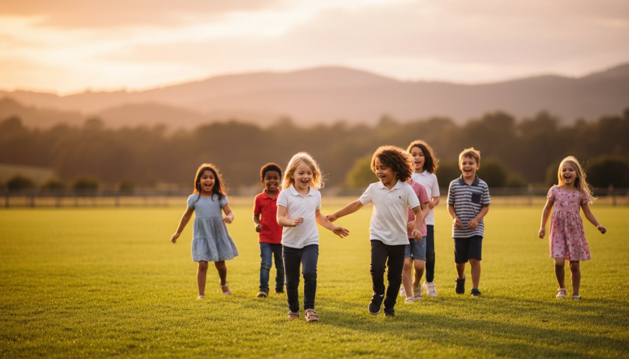 An joyful, authentic moment captured during memorable primary school photography Wandin North Victoria, showing a group of diverse primary school children laughing naturally together on the school oval with the scenic Dandenong Ranges in the background, bathed in soft afternoon light.