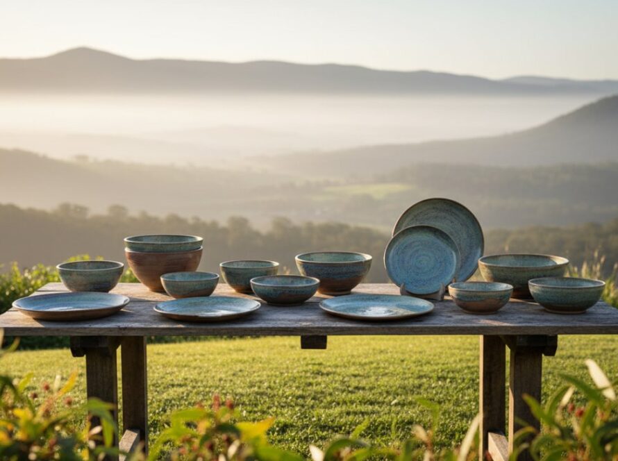 A stunning, cinematic shot showcasing handcrafted ceramic mugs from Menzies Creek, arranged artfully on a rustic wooden table bathed in golden hour light, with the rolling Dandenong Ranges hills faintly visible in the soft-focus background, highlighting the Menzies Creek artisan product photography for local crafters.