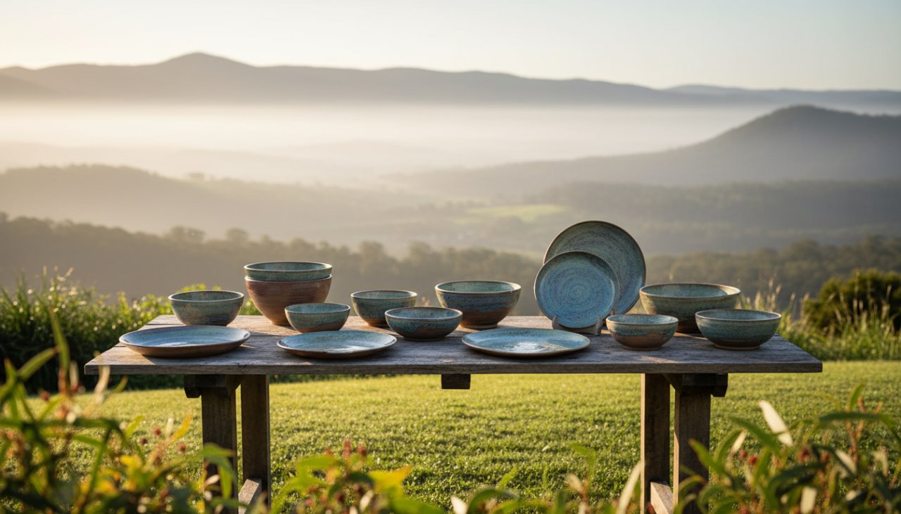 A stunning, cinematic shot showcasing handcrafted ceramic mugs from Menzies Creek, arranged artfully on a rustic wooden table bathed in golden hour light, with the rolling Dandenong Ranges hills faintly visible in the soft-focus background, highlighting the Menzies Creek artisan product photography for local crafters.
