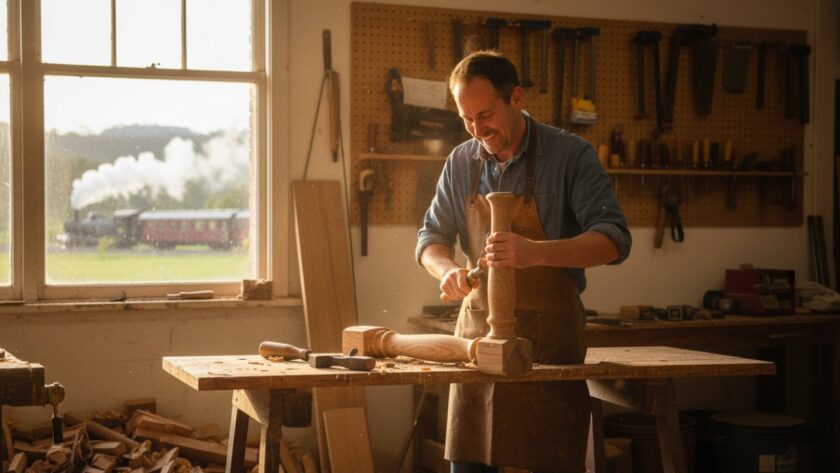 Dynamic wide-angle shot of a local artisan in Menzies Creek proudly presenting their handcrafted product in a rustic workshop bathed in golden hour light, embodying Menzies Creek business photography for local brands.