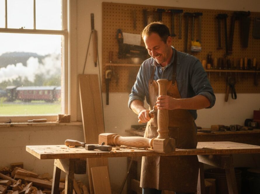 Dynamic wide-angle shot of a local artisan in Menzies Creek proudly presenting their handcrafted product in a rustic workshop bathed in golden hour light, embodying Menzies Creek business photography for local brands.