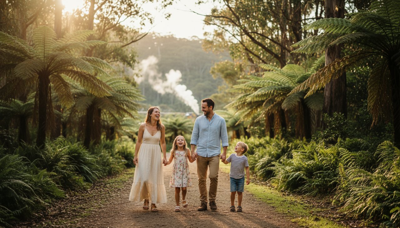 An authentic, joy-filled candid moment captured through Menzies Creek Candid Photography Capturing Genuine Emotions, showing a family laughing together amidst the lush, sun-dappled Dandenong Ranges landscape near Menzies Creek, Victoria, highlighting genuine connection and heartfelt emotion.