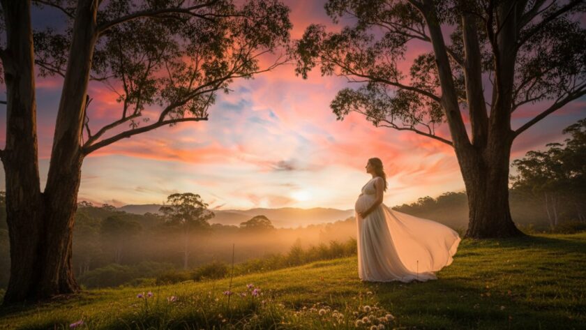 A glowing expectant mother, silhouetted by the golden hour sun during her Menzies Creek Dandenongs scenic maternity photoshoots, standing gracefully amidst towering gum trees with the mist-kissed Dandenong Ranges in the background. An epic moment of serene beauty, captured with warmth and artistry.