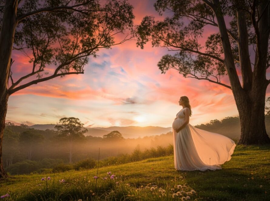 A glowing expectant mother, silhouetted by the golden hour sun during her Menzies Creek Dandenongs scenic maternity photoshoots, standing gracefully amidst towering gum trees with the mist-kissed Dandenong Ranges in the background. An epic moment of serene beauty, captured with warmth and artistry.