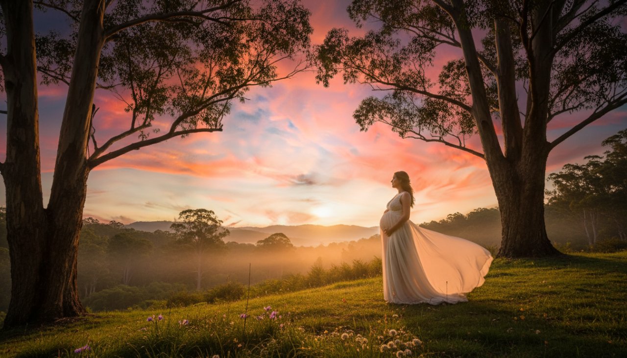 A glowing expectant mother, silhouetted by the golden hour sun during her Menzies Creek Dandenongs scenic maternity photoshoots, standing gracefully amidst towering gum trees with the mist-kissed Dandenong Ranges in the background. An epic moment of serene beauty, captured with warmth and artistry.