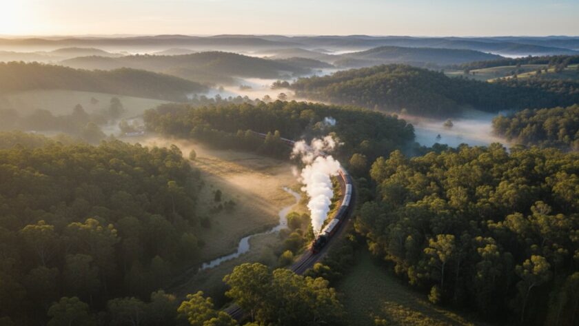 An epic panoramic drone photograph showcasing the lush, rolling hills of Menzies Creek and the majestic Dandenong Ranges at sunrise, with a vintage Puffing Billy steam train winding through the landscape. The scene is bathed in golden light, emphasizing the breathtaking aerial perspective achieved through Menzies Creek Drone Photography.
