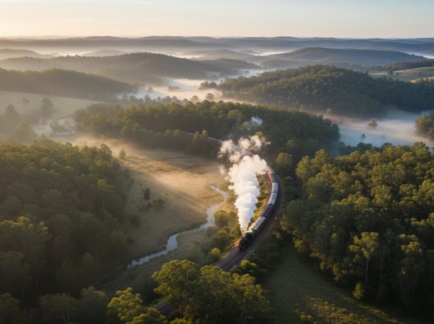 An epic panoramic drone photograph showcasing the lush, rolling hills of Menzies Creek and the majestic Dandenong Ranges at sunrise, with a vintage Puffing Billy steam train winding through the landscape. The scene is bathed in golden light, emphasizing the breathtaking aerial perspective achieved through Menzies Creek Drone Photography.