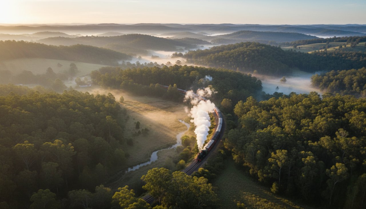 An epic panoramic drone photograph showcasing the lush, rolling hills of Menzies Creek and the majestic Dandenong Ranges at sunrise, with a vintage Puffing Billy steam train winding through the landscape. The scene is bathed in golden light, emphasizing the breathtaking aerial perspective achieved through Menzies Creek Drone Photography.