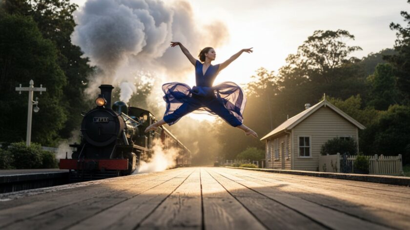A young dancer striking an elegant, powerful pose on the platform at Menzies Creek station, with the iconic Puffing Billy steam train dramatically steaming past in the background, captured through Menzies Creek dynamic dance photography Puffing Billy, conveying grace and motion.