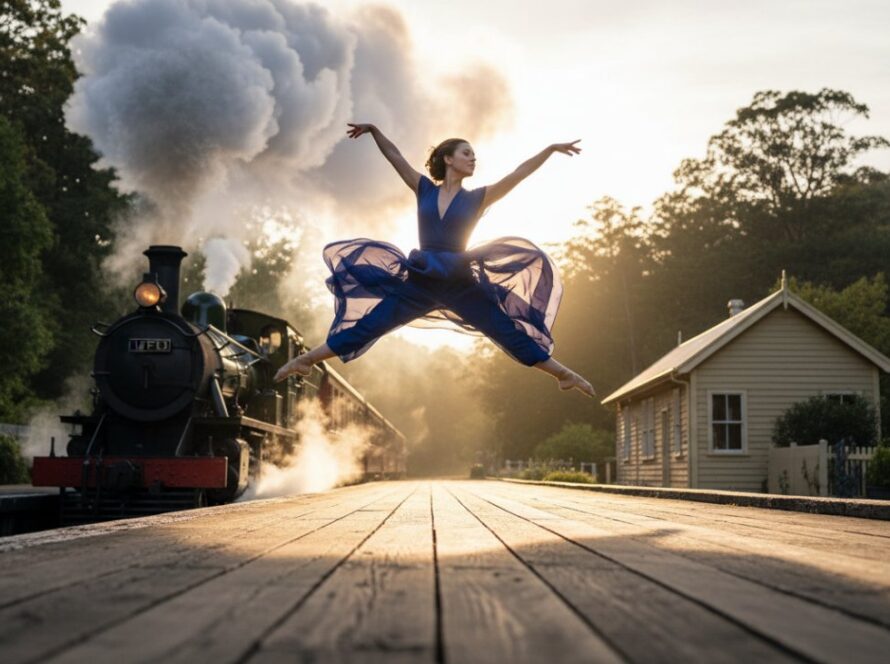 A young dancer striking an elegant, powerful pose on the platform at Menzies Creek station, with the iconic Puffing Billy steam train dramatically steaming past in the background, captured through Menzies Creek dynamic dance photography Puffing Billy, conveying grace and motion.