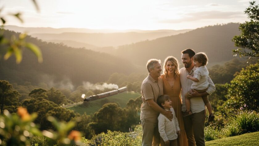 A heartwarming Menzies Creek family photography genuine moments Dandenong Ranges portrait, showcasing a family laughing joyfully amidst the lush green hills near Puffing Billy, sun-drenched and full of authentic connection.