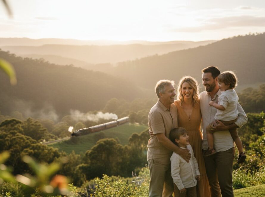 A heartwarming Menzies Creek family photography genuine moments Dandenong Ranges portrait, showcasing a family laughing joyfully amidst the lush green hills near Puffing Billy, sun-drenched and full of authentic connection.