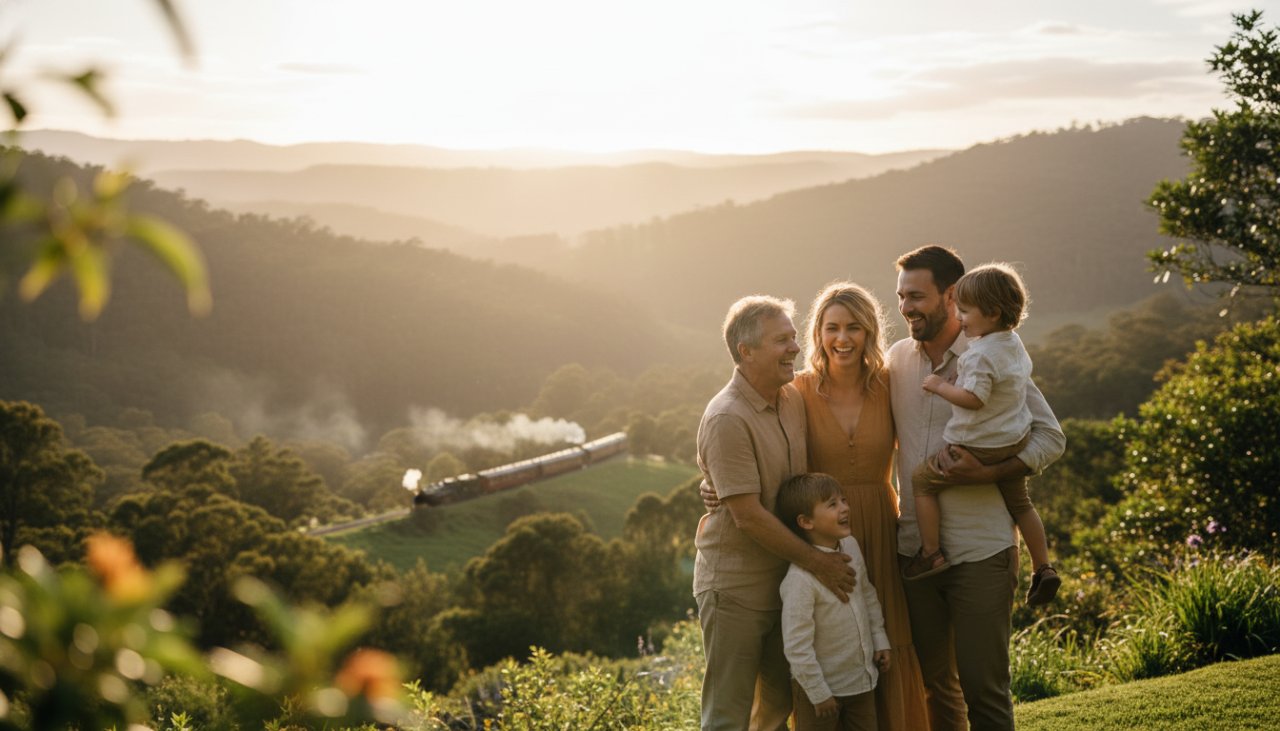 A heartwarming Menzies Creek family photography genuine moments Dandenong Ranges portrait, showcasing a family laughing joyfully amidst the lush green hills near Puffing Billy, sun-drenched and full of authentic connection.