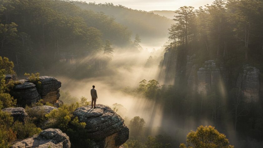 An epic moment in Menzies Creek fine art photography showcasing Dandenongs' misty beauty, featuring a lone figure standing amidst ancient towering trees shrouded in ethereal morning fog, with soft light filtering through the canopy, creating a dramatic, cinematic and deeply contemplative scene.
