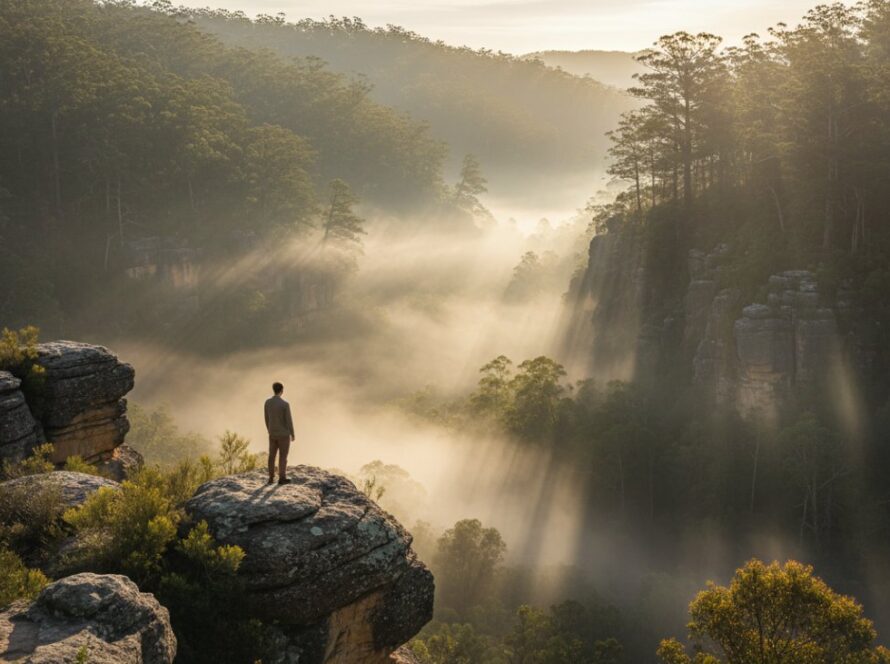 An epic moment in Menzies Creek fine art photography showcasing Dandenongs' misty beauty, featuring a lone figure standing amidst ancient towering trees shrouded in ethereal morning fog, with soft light filtering through the canopy, creating a dramatic, cinematic and deeply contemplative scene.