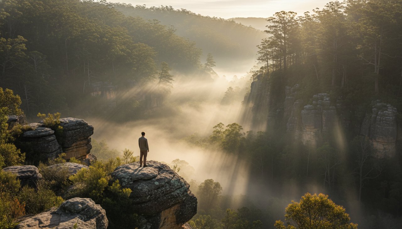 An epic moment in Menzies Creek fine art photography showcasing Dandenongs' misty beauty, featuring a lone figure standing amidst ancient towering trees shrouded in ethereal morning fog, with soft light filtering through the canopy, creating a dramatic, cinematic and deeply contemplative scene.