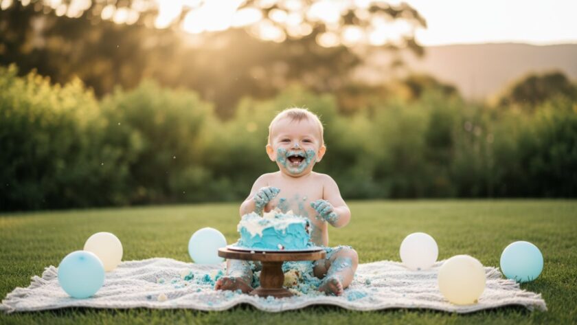 A delighted one-year-old child covered in cake, laughing joyfully amidst a pastel setup with balloons and natural light, capturing the essence of Menzies Creek first birthday cake smash photography.