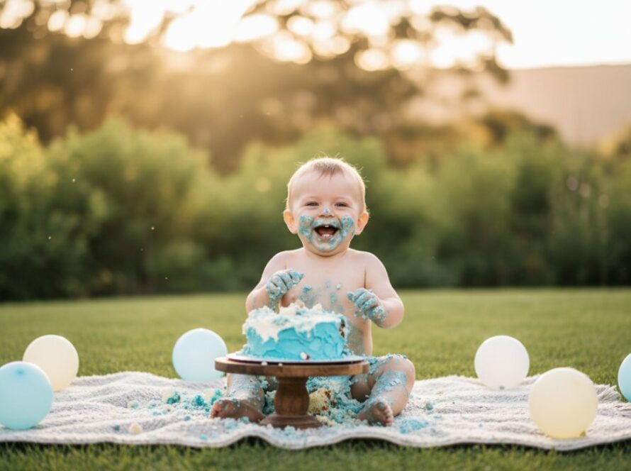 A delighted one-year-old child covered in cake, laughing joyfully amidst a pastel setup with balloons and natural light, capturing the essence of Menzies Creek first birthday cake smash photography.
