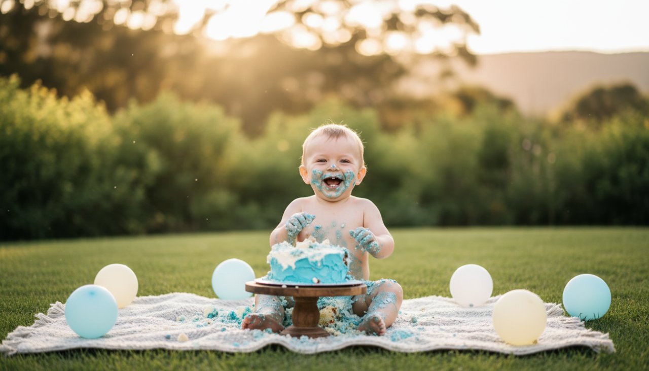 A delighted one-year-old child covered in cake, laughing joyfully amidst a pastel setup with balloons and natural light, capturing the essence of Menzies Creek first birthday cake smash photography.