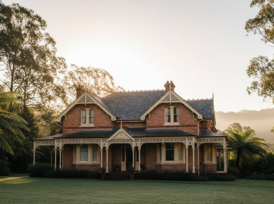 An epic moment captured, showcasing Menzies Creek heritage home photography expertise, featuring a grand, well-lit period residence nestled amongst lush Dandenong Ranges foliage at dawn, with mist rising.