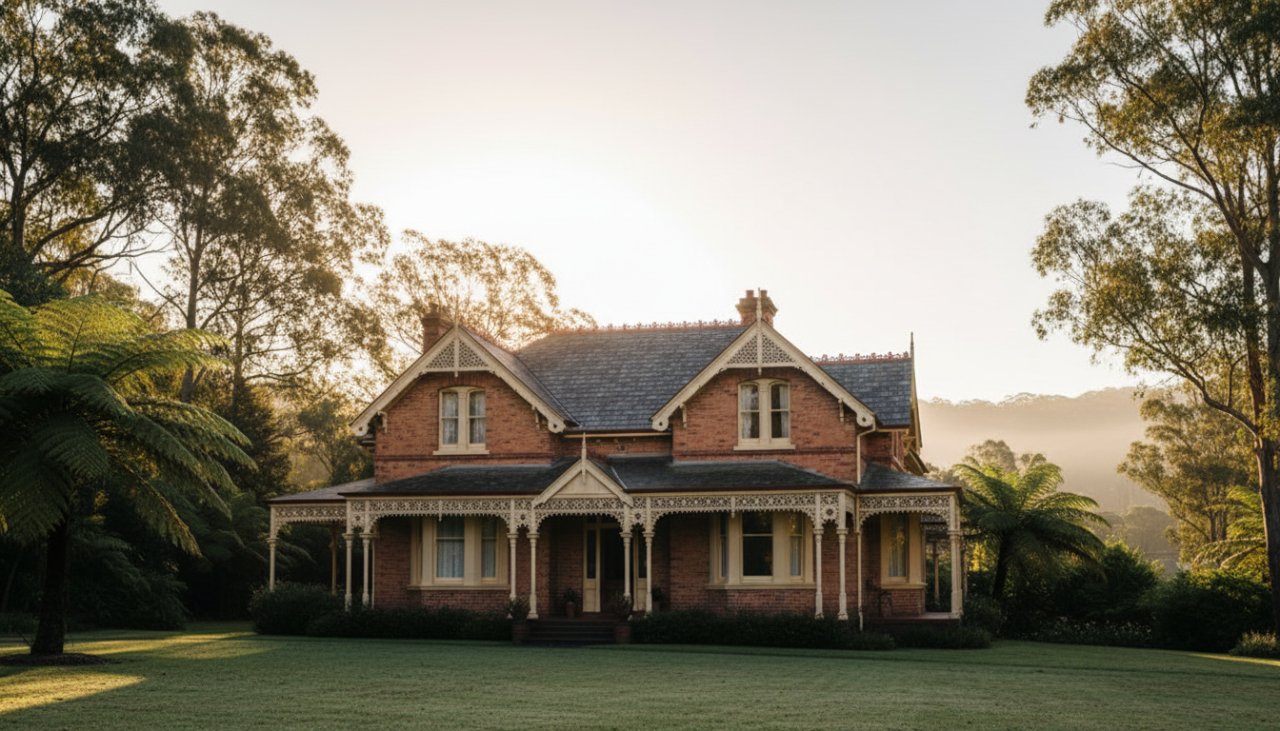An epic moment captured, showcasing Menzies Creek heritage home photography expertise, featuring a grand, well-lit period residence nestled amongst lush Dandenong Ranges foliage at dawn, with mist rising.
