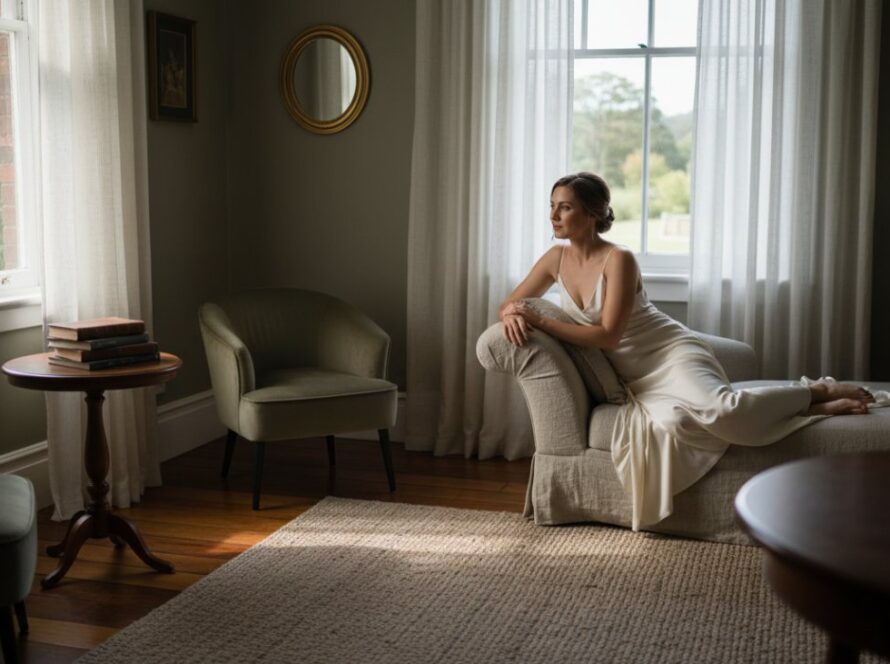 A captivating 'epic moment' photograph showcasing a woman's silhouette against soft, diffused natural light in a luxurious Menzies Creek setting, celebrating her Menzies Creek intimate boudoir photography experience with confidence and grace.