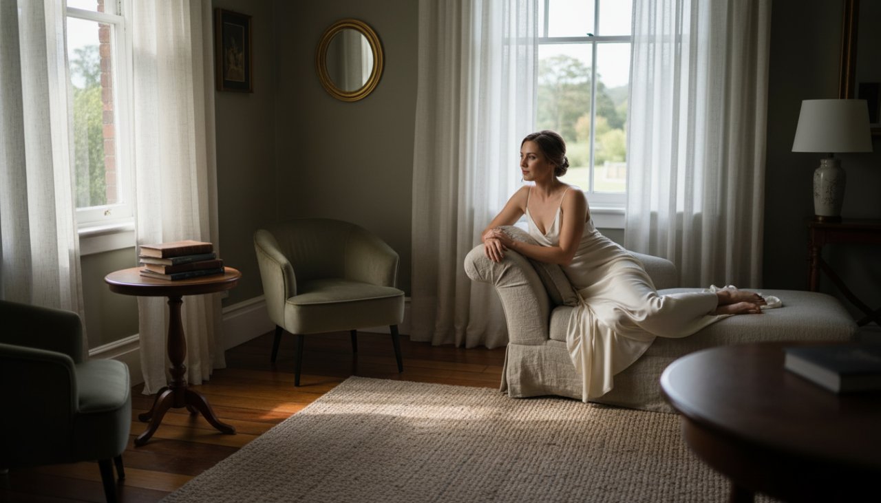 A captivating 'epic moment' photograph showcasing a woman's silhouette against soft, diffused natural light in a luxurious Menzies Creek setting, celebrating her Menzies Creek intimate boudoir photography experience with confidence and grace.