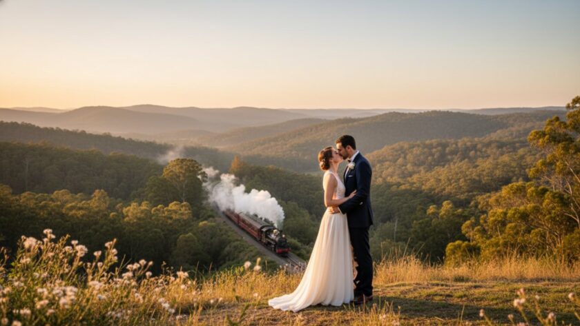 A breathtaking aerial shot of a couple sharing an intimate embrace on a scenic hillside overlooking the Puffing Billy railway in Menzies Creek, captured during golden hour, embodying Menzies Creek intimate wedding photography.