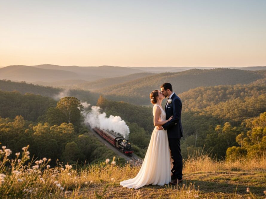 A breathtaking aerial shot of a couple sharing an intimate embrace on a scenic hillside overlooking the Puffing Billy railway in Menzies Creek, captured during golden hour, embodying Menzies Creek intimate wedding photography.