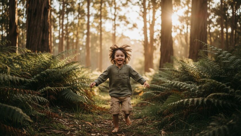 A heartwarming Menzies Creek Kids Photography candid outdoor moments capture: a child laughing joyfully while running through a sun-dappled fern grove in the Dandenong Ranges, full of movement and natural light.