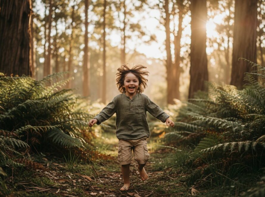 A heartwarming Menzies Creek Kids Photography candid outdoor moments capture: a child laughing joyfully while running through a sun-dappled fern grove in the Dandenong Ranges, full of movement and natural light.