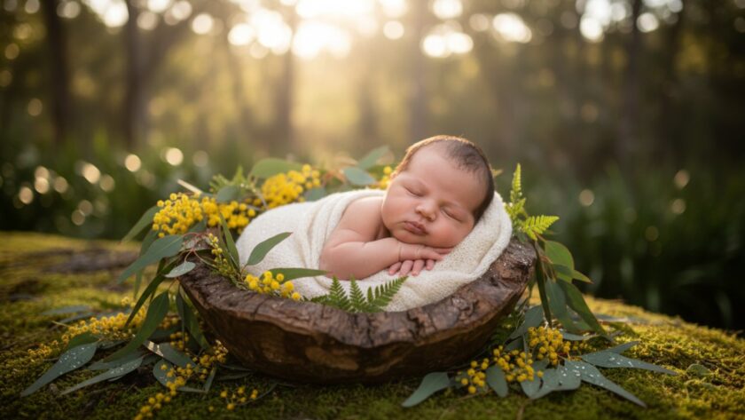 A serene, close-up 'epic moment' photograph of a newborn baby peacefully sleeping amidst soft, ethereal natural light in a tranquil Menzies Creek outdoor setting, highlighting the delicate features and innocence, perfect for Menzies Creek newborn photography outdoor natural light captures.