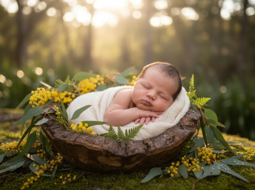 A serene, close-up 'epic moment' photograph of a newborn baby peacefully sleeping amidst soft, ethereal natural light in a tranquil Menzies Creek outdoor setting, highlighting the delicate features and innocence, perfect for Menzies Creek newborn photography outdoor natural light captures.