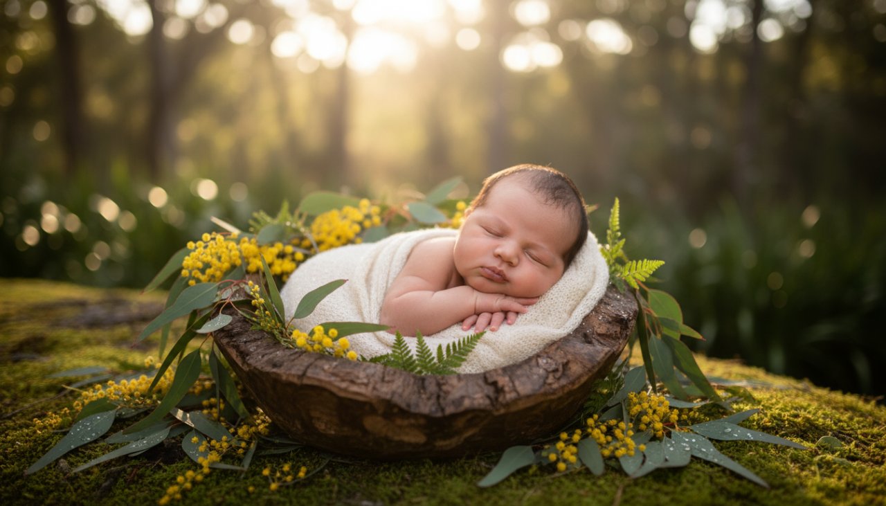 A serene, close-up 'epic moment' photograph of a newborn baby peacefully sleeping amidst soft, ethereal natural light in a tranquil Menzies Creek outdoor setting, highlighting the delicate features and innocence, perfect for Menzies Creek newborn photography outdoor natural light captures.