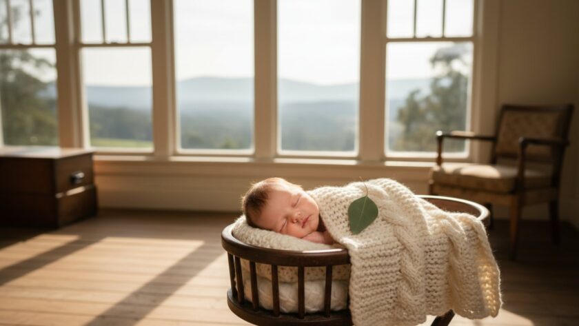 An ethereal close-up of a peacefully sleeping newborn baby in Menzies Creek, swaddled in soft, earthy tones, with delicate sunlight filtering through an old oak tree, creating a halo effect around their head, embodying Menzies Creek newborn photography storytelling.