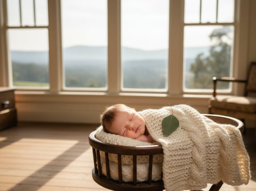 An ethereal close-up of a peacefully sleeping newborn baby in Menzies Creek, swaddled in soft, earthy tones, with delicate sunlight filtering through an old oak tree, creating a halo effect around their head, embodying Menzies Creek newborn photography storytelling.