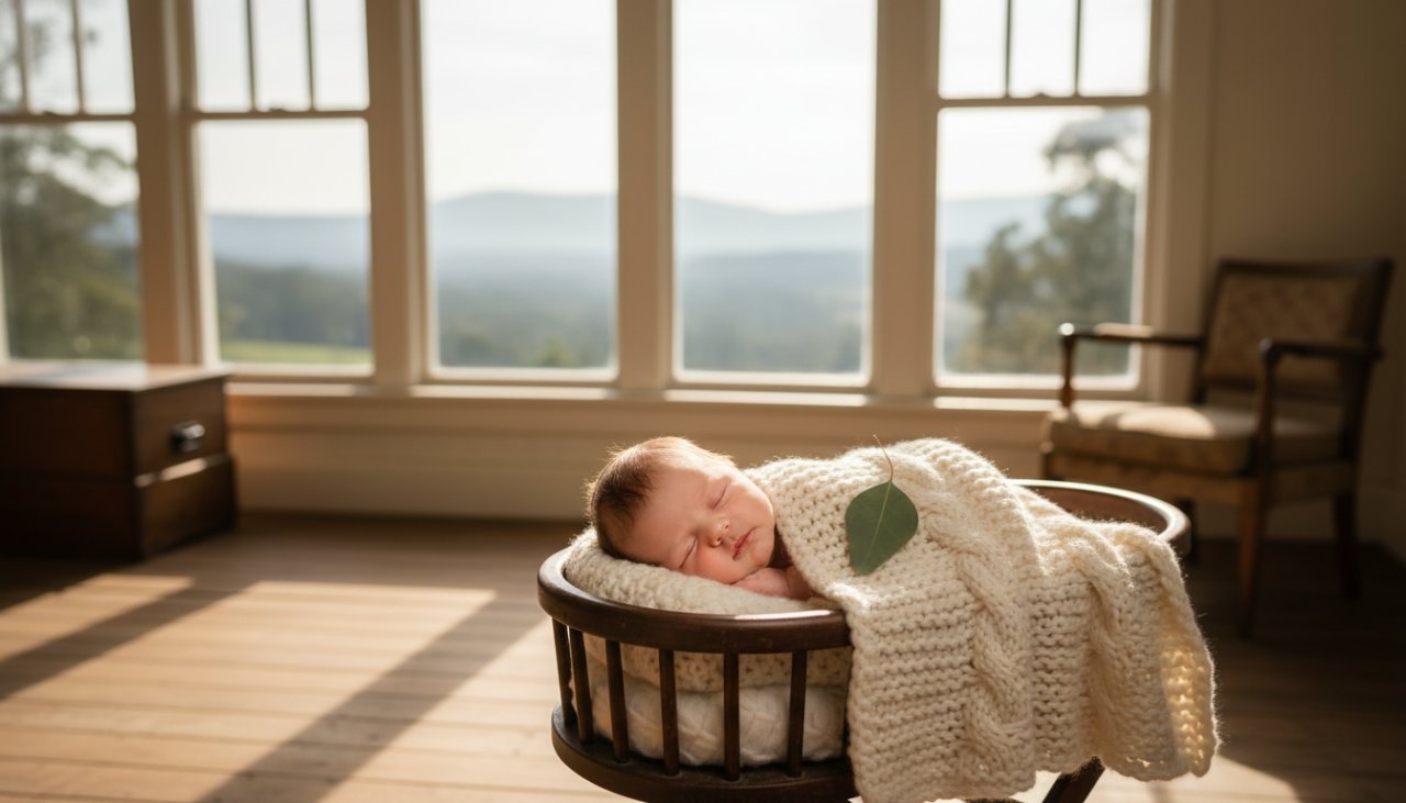 An ethereal close-up of a peacefully sleeping newborn baby in Menzies Creek, swaddled in soft, earthy tones, with delicate sunlight filtering through an old oak tree, creating a halo effect around their head, embodying Menzies Creek newborn photography storytelling.