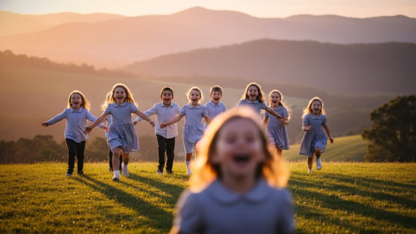 An epic, cinematic wide shot capturing a group of happy primary school children from Menzies Creek, Victoria, running and laughing joyfully through an open field on a sunny day, showcasing Menzies Creek primary school photography capturing joy. Golden hour lighting creates a warm, nostalgic glow as they interact, embodying the spirit of childhood and friendship.