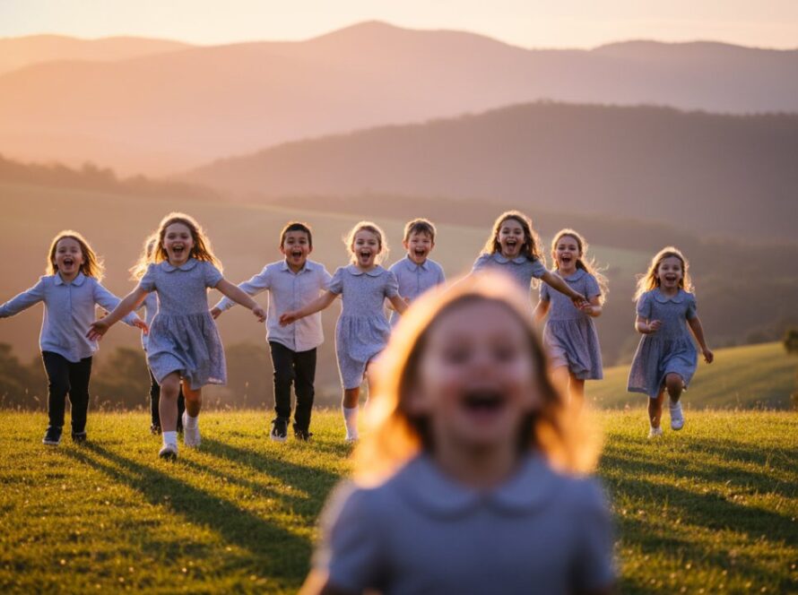 An epic, cinematic wide shot capturing a group of happy primary school children from Menzies Creek, Victoria, running and laughing joyfully through an open field on a sunny day, showcasing Menzies Creek primary school photography capturing joy. Golden hour lighting creates a warm, nostalgic glow as they interact, embodying the spirit of childhood and friendship.