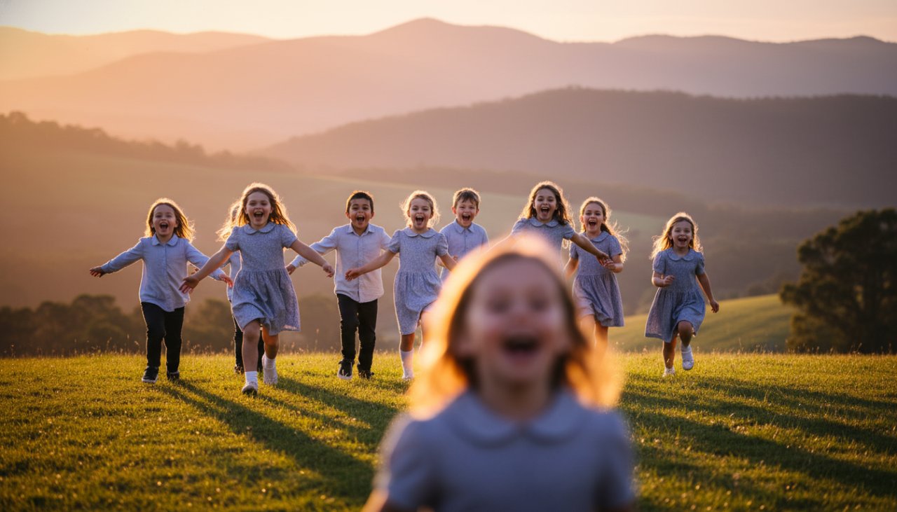 An epic, cinematic wide shot capturing a group of happy primary school children from Menzies Creek, Victoria, running and laughing joyfully through an open field on a sunny day, showcasing Menzies Creek primary school photography capturing joy. Golden hour lighting creates a warm, nostalgic glow as they interact, embodying the spirit of childhood and friendship.
