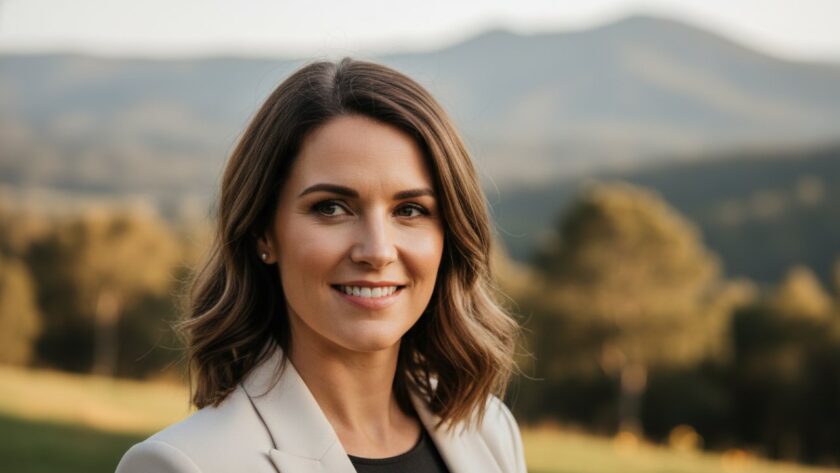 A captivating candid shot of a professional woman smiling confidently in a rustic Menzies Creek setting, bathed in golden hour light, representing exceptional Menzies Creek professional portrait photography for career growth.