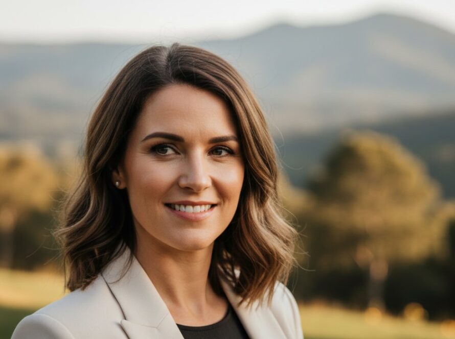 A captivating candid shot of a professional woman smiling confidently in a rustic Menzies Creek setting, bathed in golden hour light, representing exceptional Menzies Creek professional portrait photography for career growth.