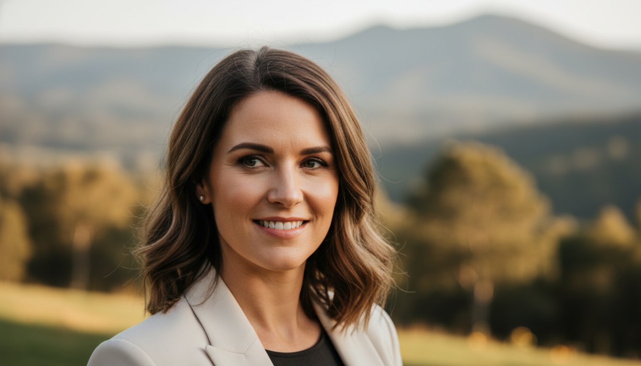 A captivating candid shot of a professional woman smiling confidently in a rustic Menzies Creek setting, bathed in golden hour light, representing exceptional Menzies Creek professional portrait photography for career growth.