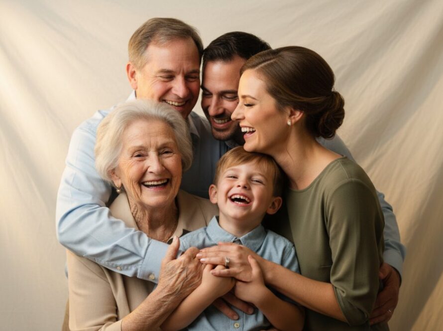 An intimate, epic moment captured through professional studio photography in Menzies Creek, Victoria, featuring a joyful family laughing warmly against a softly lit backdrop, showcasing artistic portraits.